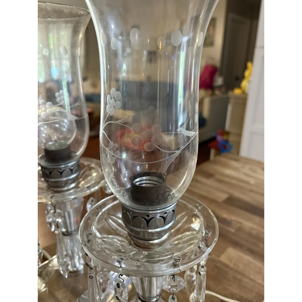 VTG Crystal Hurricane Buffet Lamps Mantle Etched Globes Prisms 15